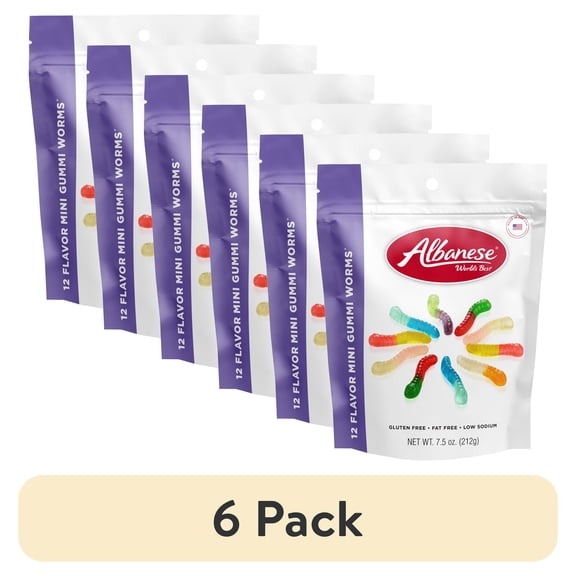 (6 pack) Albanese World's Best 12 Flavor Gummi Worms, 7.5 oz Regular Size