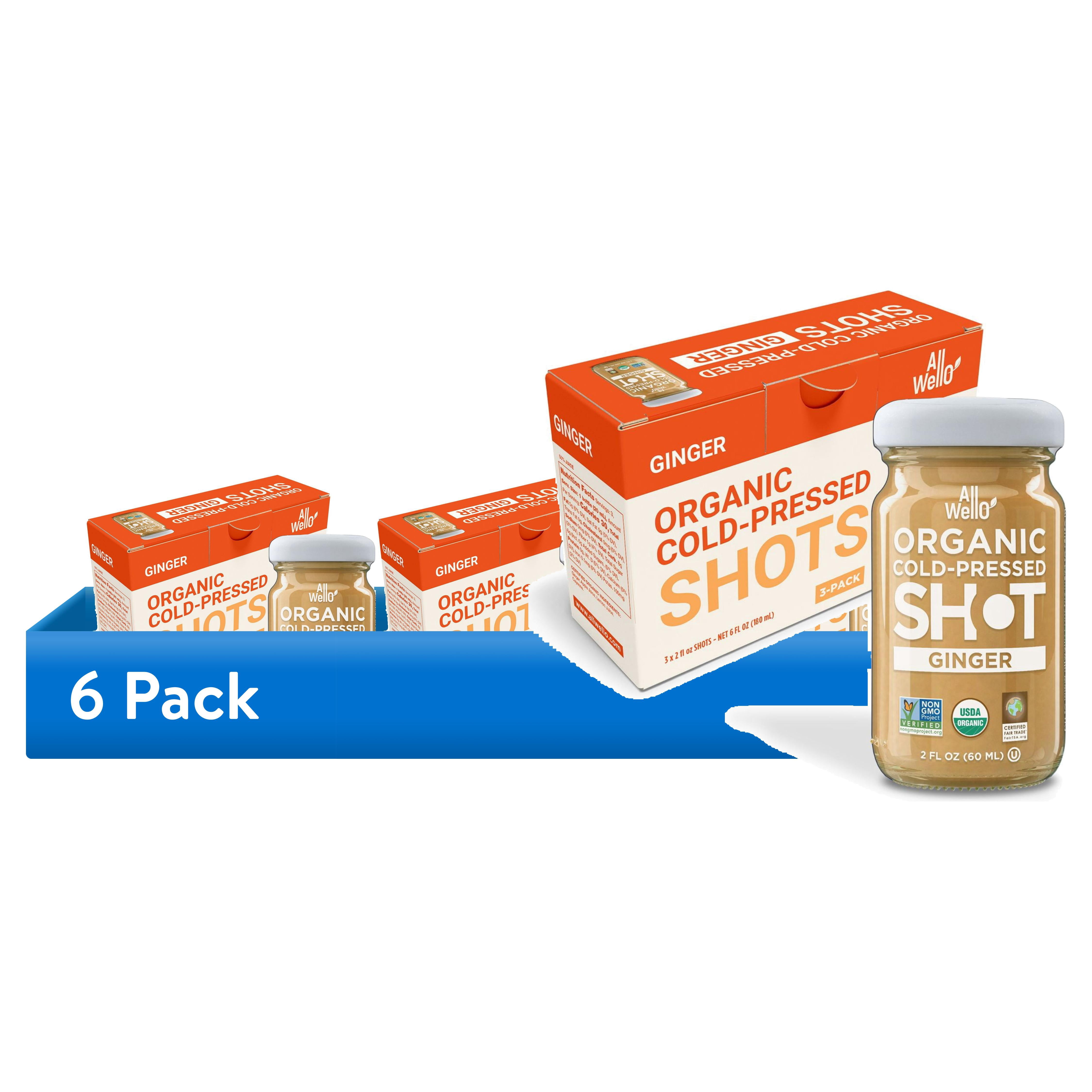 (6 pack) AllWellO Organic, Cold Pressed Ginger Shots, 2 fl oz Glass Bottles, 3 Pack