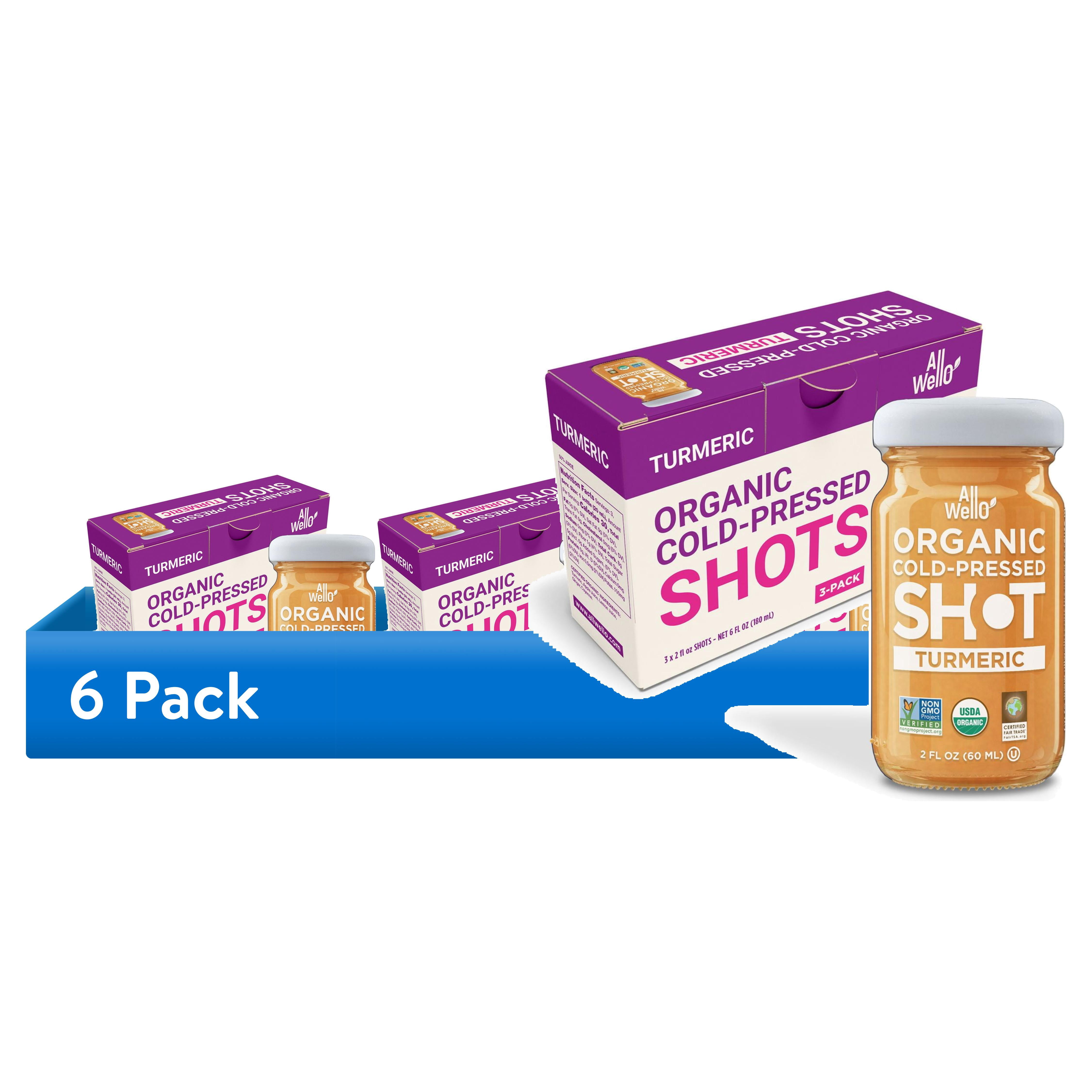 (6 pack) AllWellO Organic, Cold Pressed Turmeric Shots, 2 fl oz Glass Bottles, 3 Pack