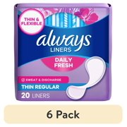 (6 pack) Always Daily Fresh Thin Liners, Regular, Unscented, 20 Count