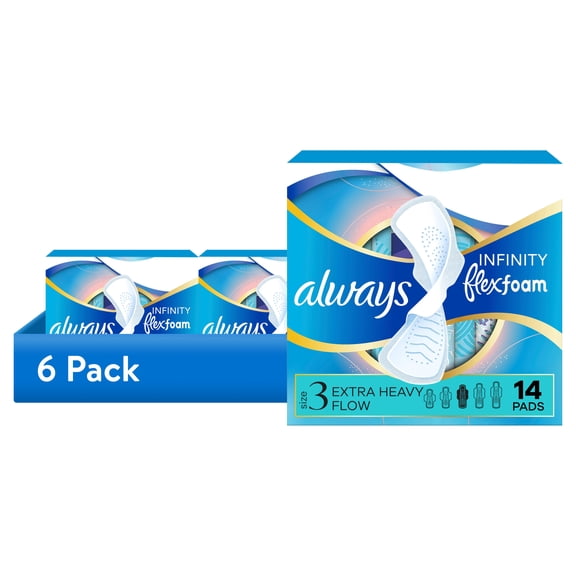 (6 pack) Always Infinity Feminine Pads, Size 3, Extra Heavy, Wings, Unscented, 14 Count