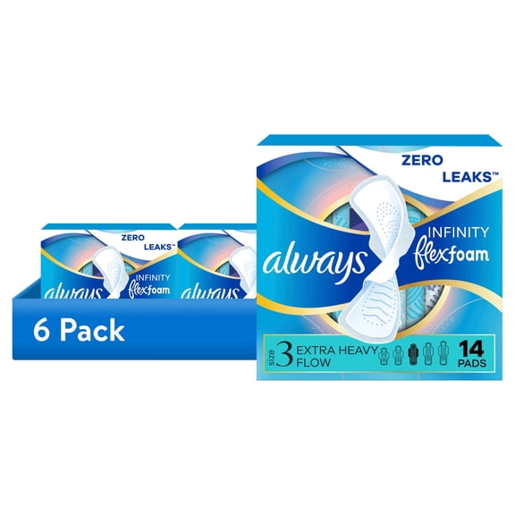 (6 pack) Always Infinity Feminine Pads, Size 3, Extra Heavy, Wings, Unscented, 14 Count