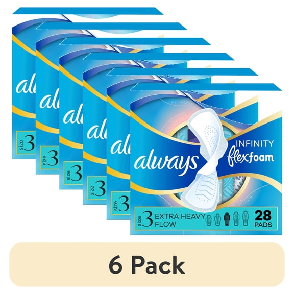 (6 pack) Always Infinity Feminine Pads, Size 3, Extra Heavy, Wings, Unscented, 28 Count