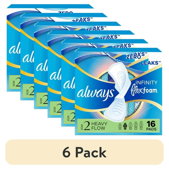 (6 pack) Always Pads, Infinity with Wings, Size 2, Heavy, Unscented, 16 Count