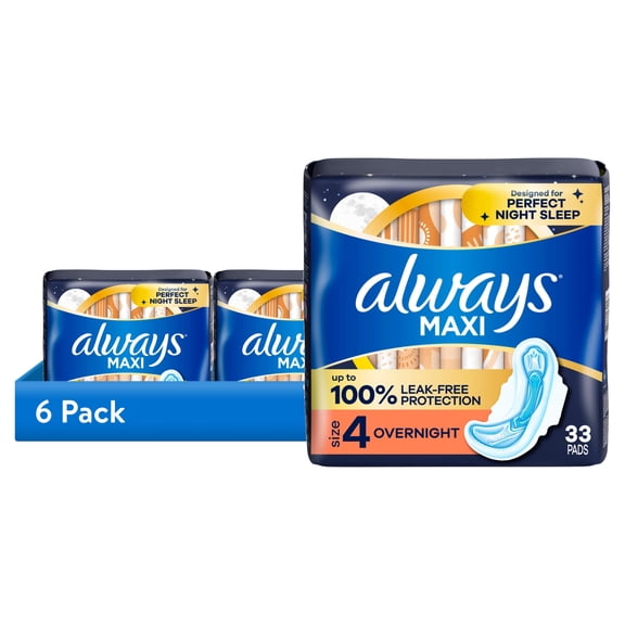 (6 pack) Always Maxi Overnight Pads with Wings, Size 4, 33 Count
