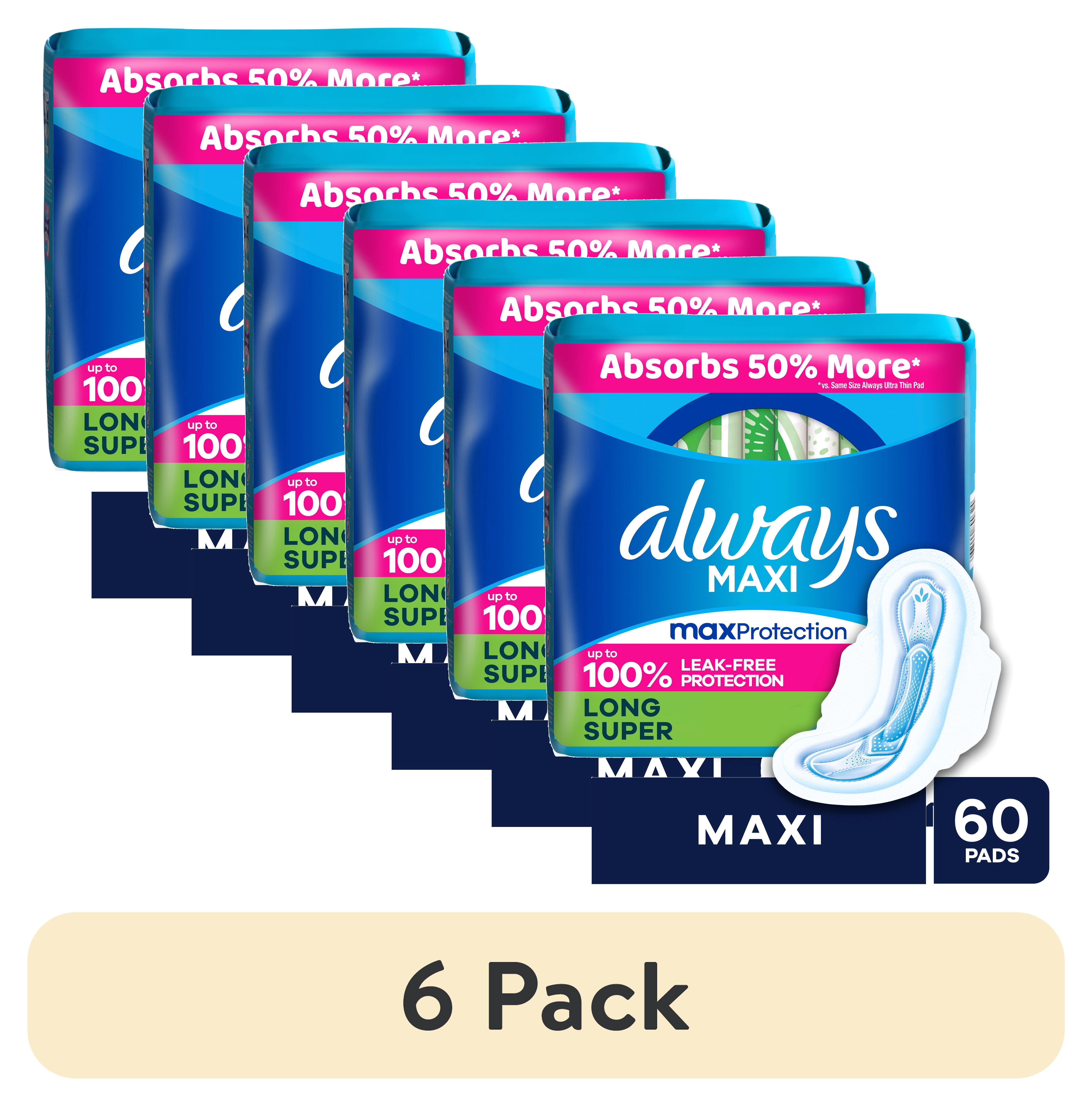 (6 pack) Always Maxi Pads with Wings, Size 2, Long Super, 60 Count