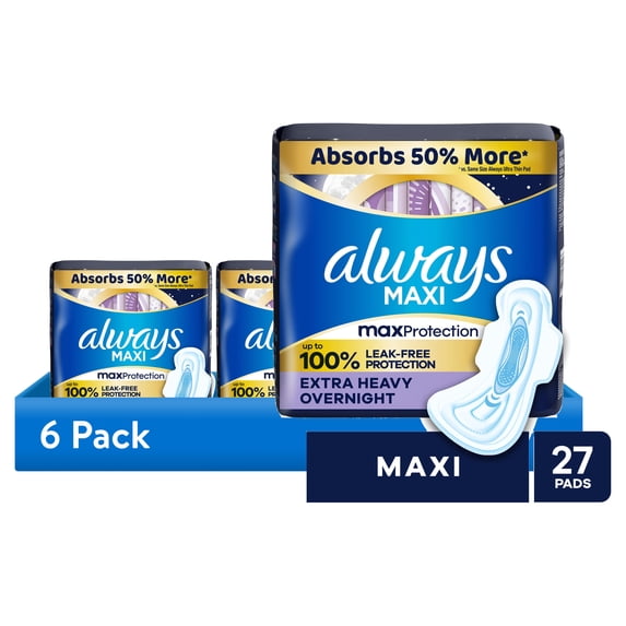 (6 pack) Always Maxi Pads with Wings, Size 5, Extra Heavy Overnight Absorbency, 27 CT