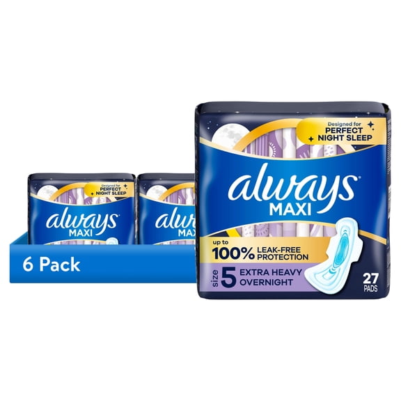 (6 pack) Always Maxi Pads with Wings, Size 5, Extra Heavy Overnight Absorbency, 27 CT