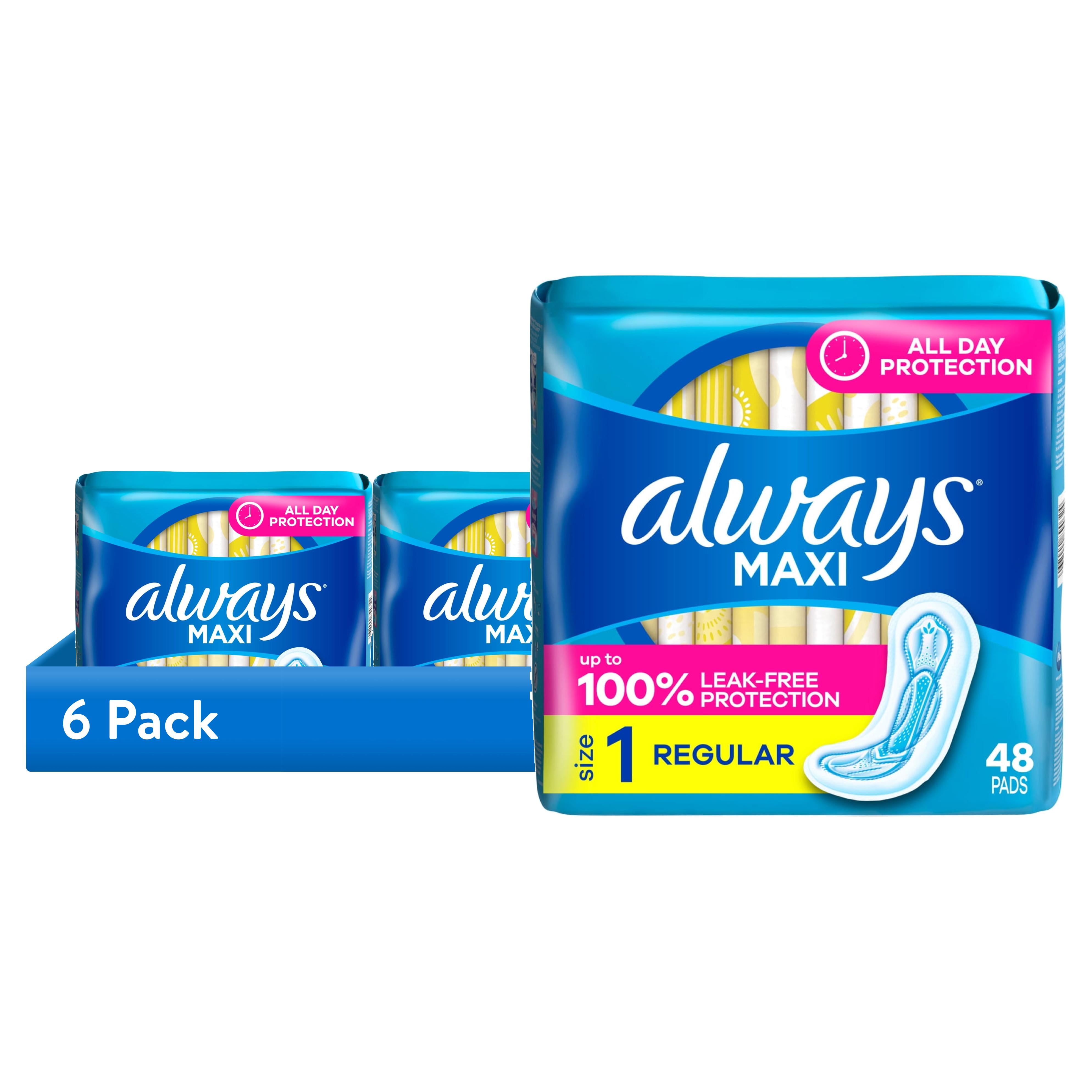 (6 pack) Always Maxi Pads without Wings, Size 1, Regular Absorbency, 48 Count