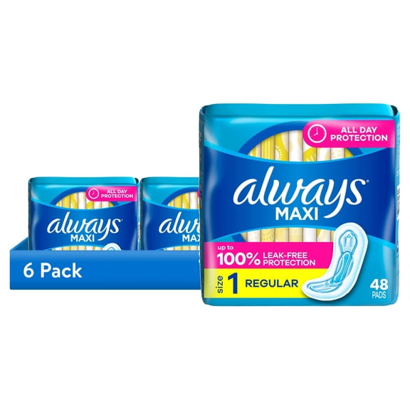 (6 pack) Always Maxi Pads without Wings, Size 1, Regular Absorbency, 48 Count