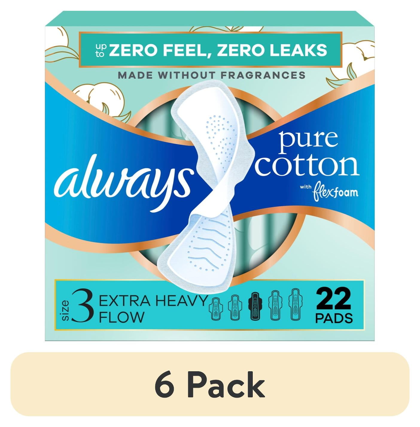 (6 pack) Always Pure Cotton Pads with FlexFoam, Size 3, Extra Heavy, Wings, Unscented (22 Count)