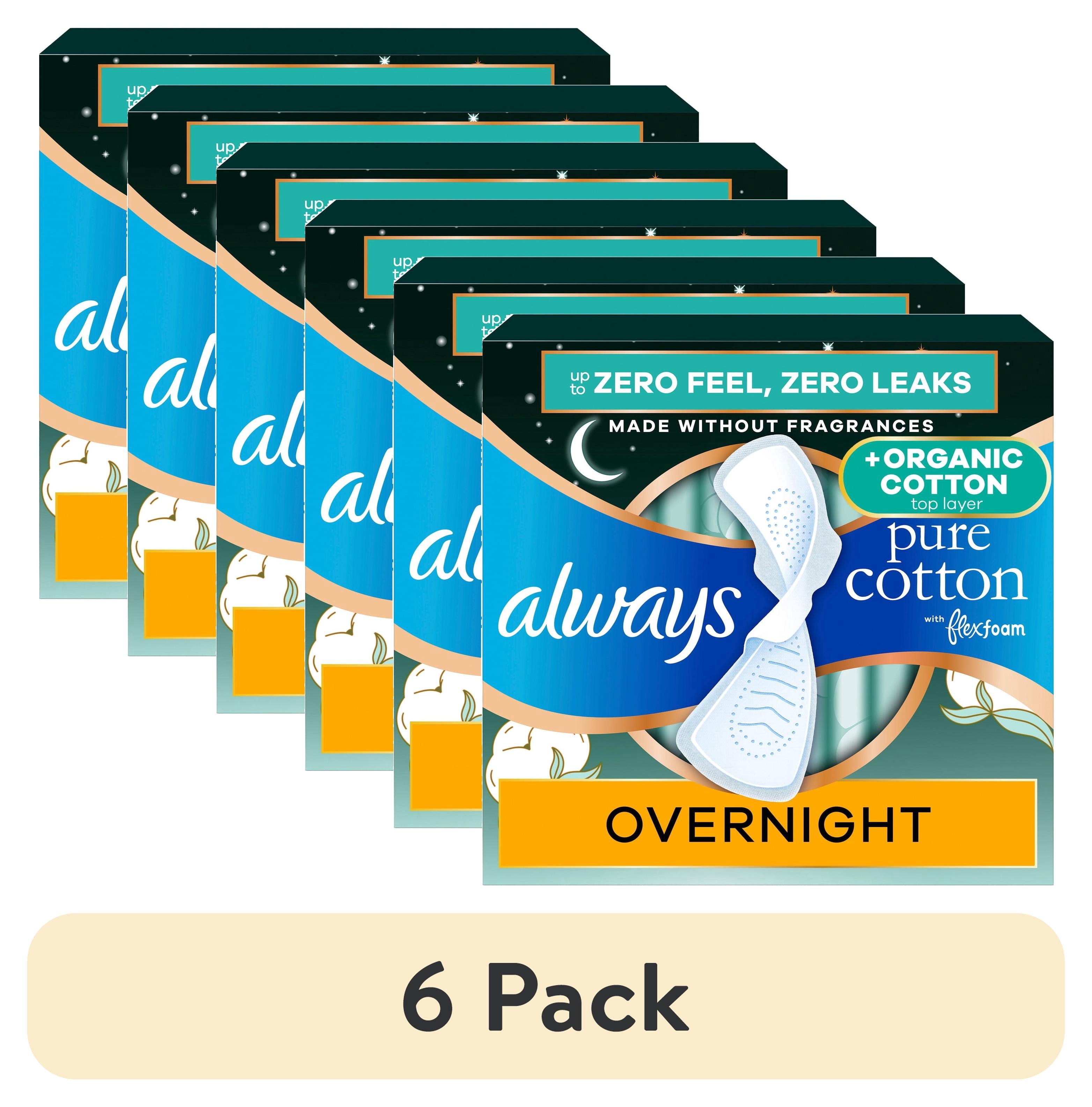 (6 pack) Always Pure Cotton Pads with Organic Top Layer, Size 4 Pads with Wings, Overnight, Heavy Absorbency, 20 Count