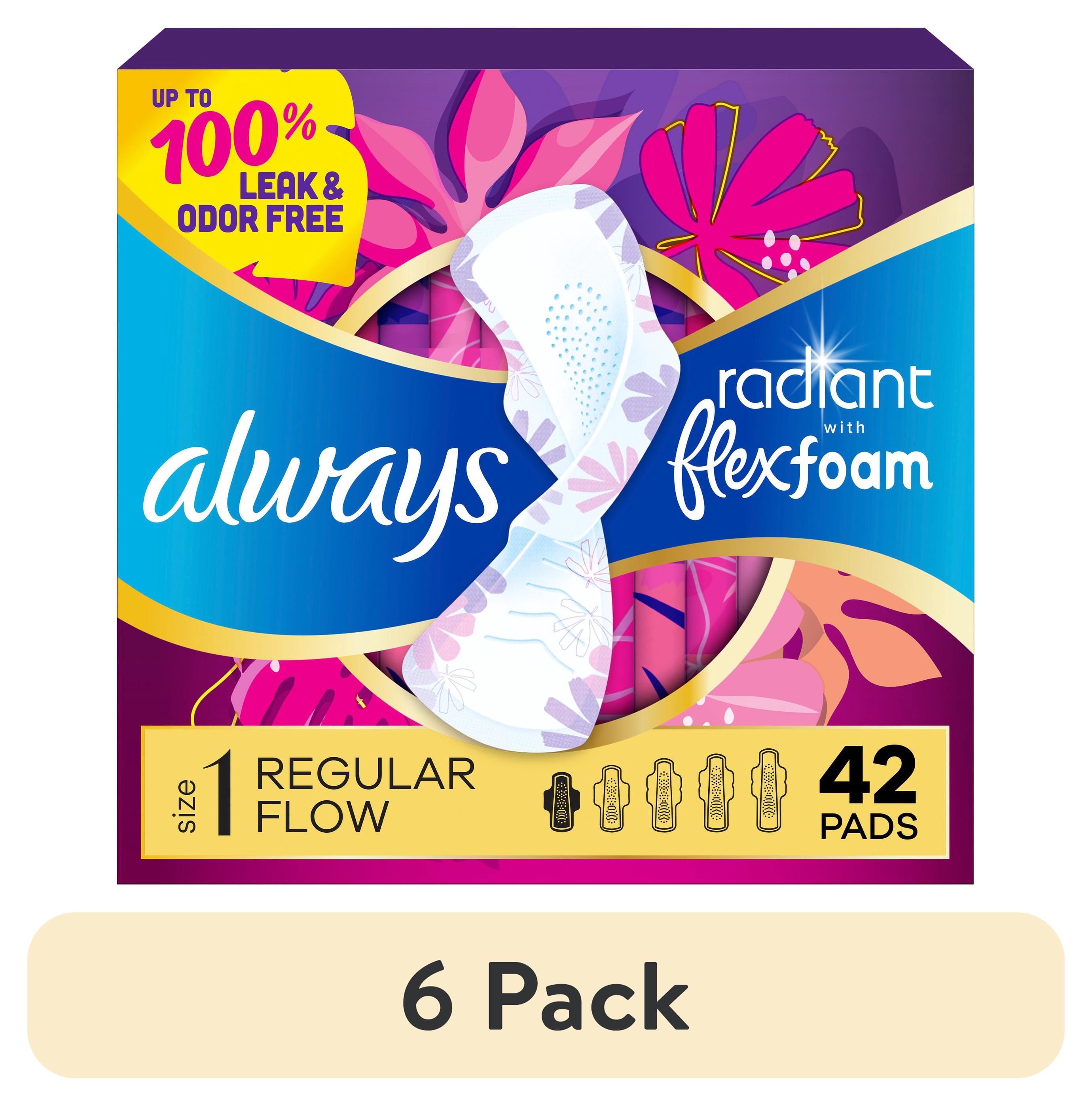 (6 pack) Always Radiant with FlexFoam Pads, Size 1, Regular, Wings, 42 Count
