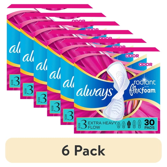 (6 pack) Always Radiant with FlexFoam Pads, Size 3, Extra Heavy, Wings, 30 Count