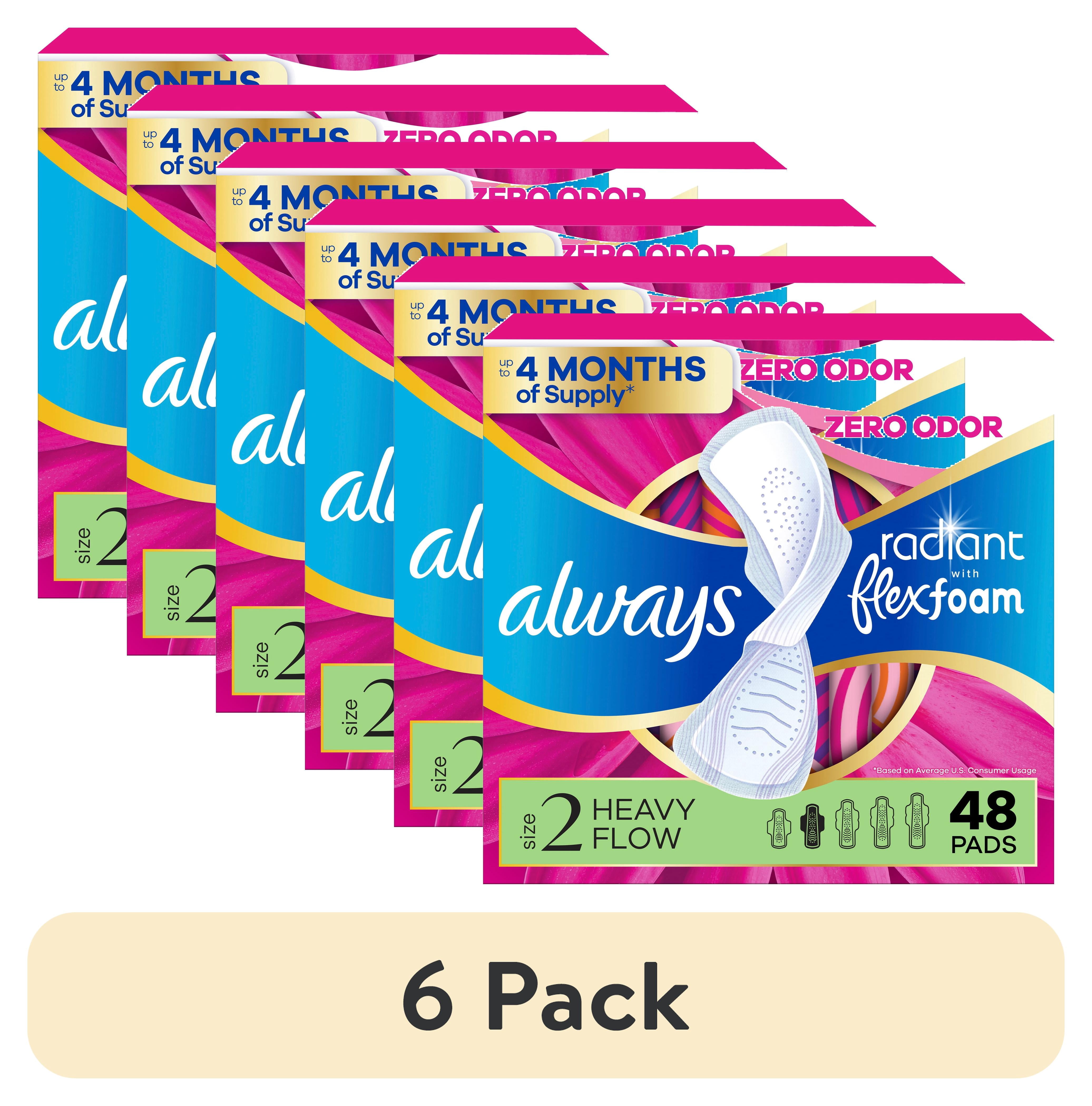 (6 pack) Always Radiant with FlexFoam Pads, Size 2, Heavy, Wings, 48 Count