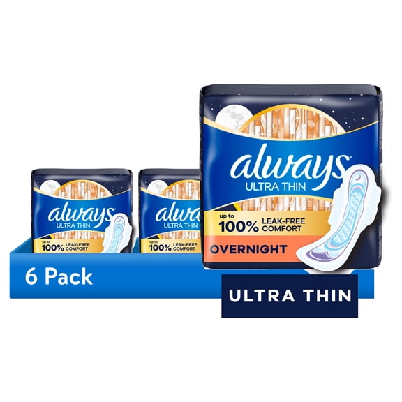 (6 pack) Always Ultra Thin Overnight Pads with Wings, Size 4, Overnight, 16 Count