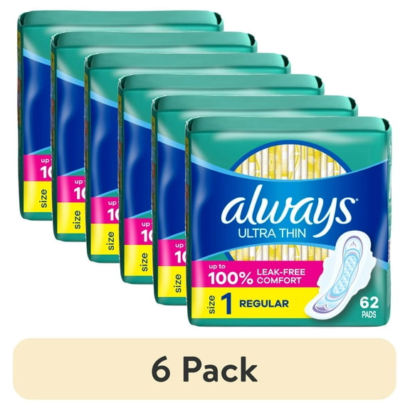 (6 pack) Always Ultra Thin Pads with Wings, Size 1, Regular, 62 Count