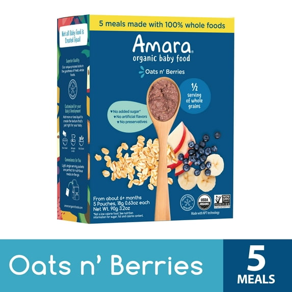 (6 pack) Amara Organic Baby Food Oats N Berries, No Added Sugar, Stage 2, 5 Individual Servings
