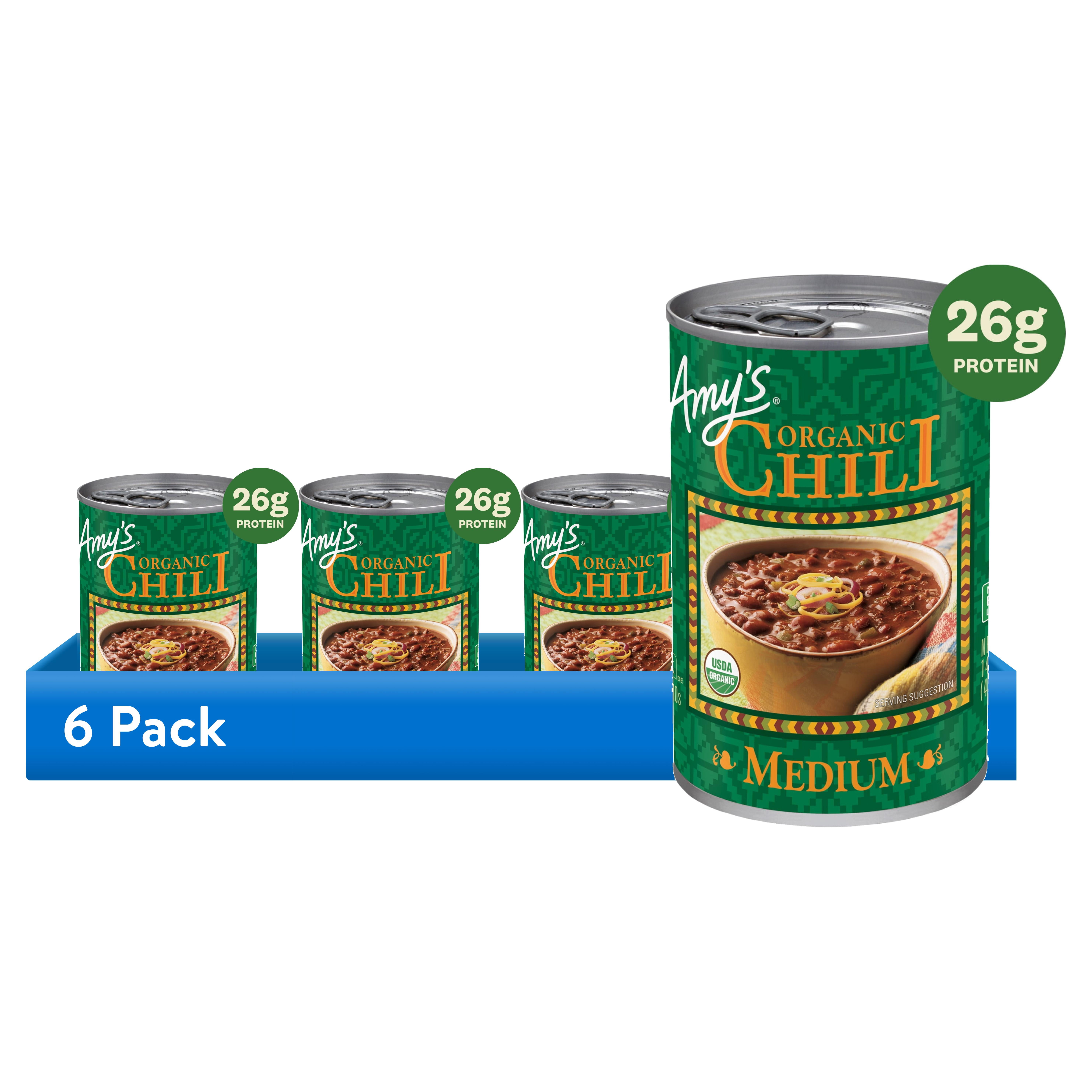 (6 pack) Amy’s Organic Medium Chili, Plant-Based Vegan Chili, Gluten Free, Made With Organic Red Beans and Tofu, Canned Chili, 14.7 Oz