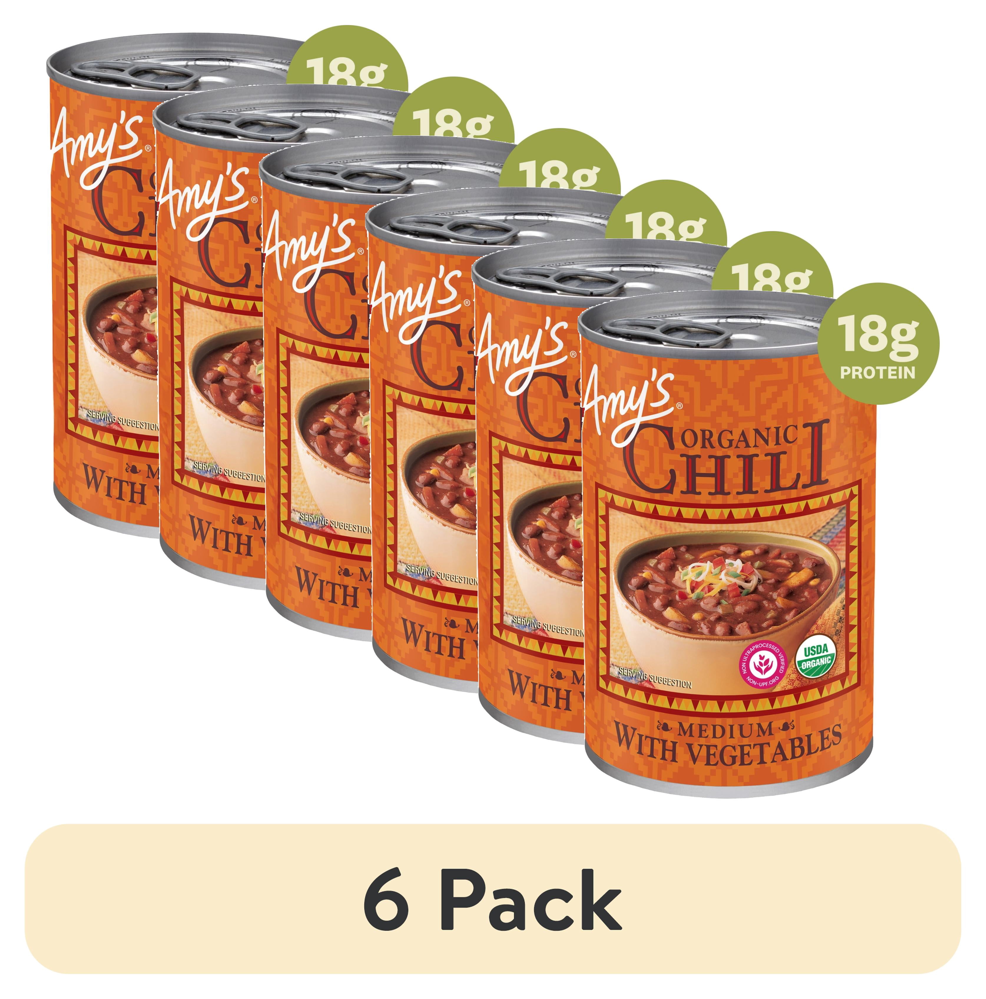 (6 pack) Amy’s Organic Medium Chili with Vegetables, Plant-Based Vegan Chili, Gluten Free, Made With Organic Red Beans and Tofu, Canned Chili, 14.7 Oz
