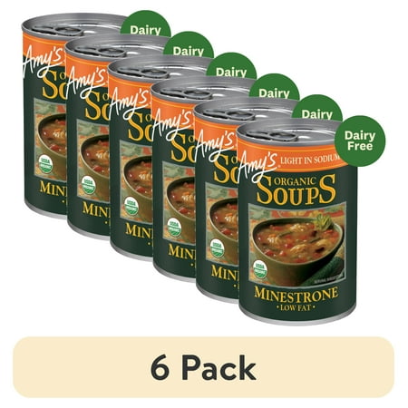 (6 pack) Amy’s Soup, Organic Light in Sodium Minestrone Soup, Made With Organic Vegetables, Canned Soup, 14.1 Oz