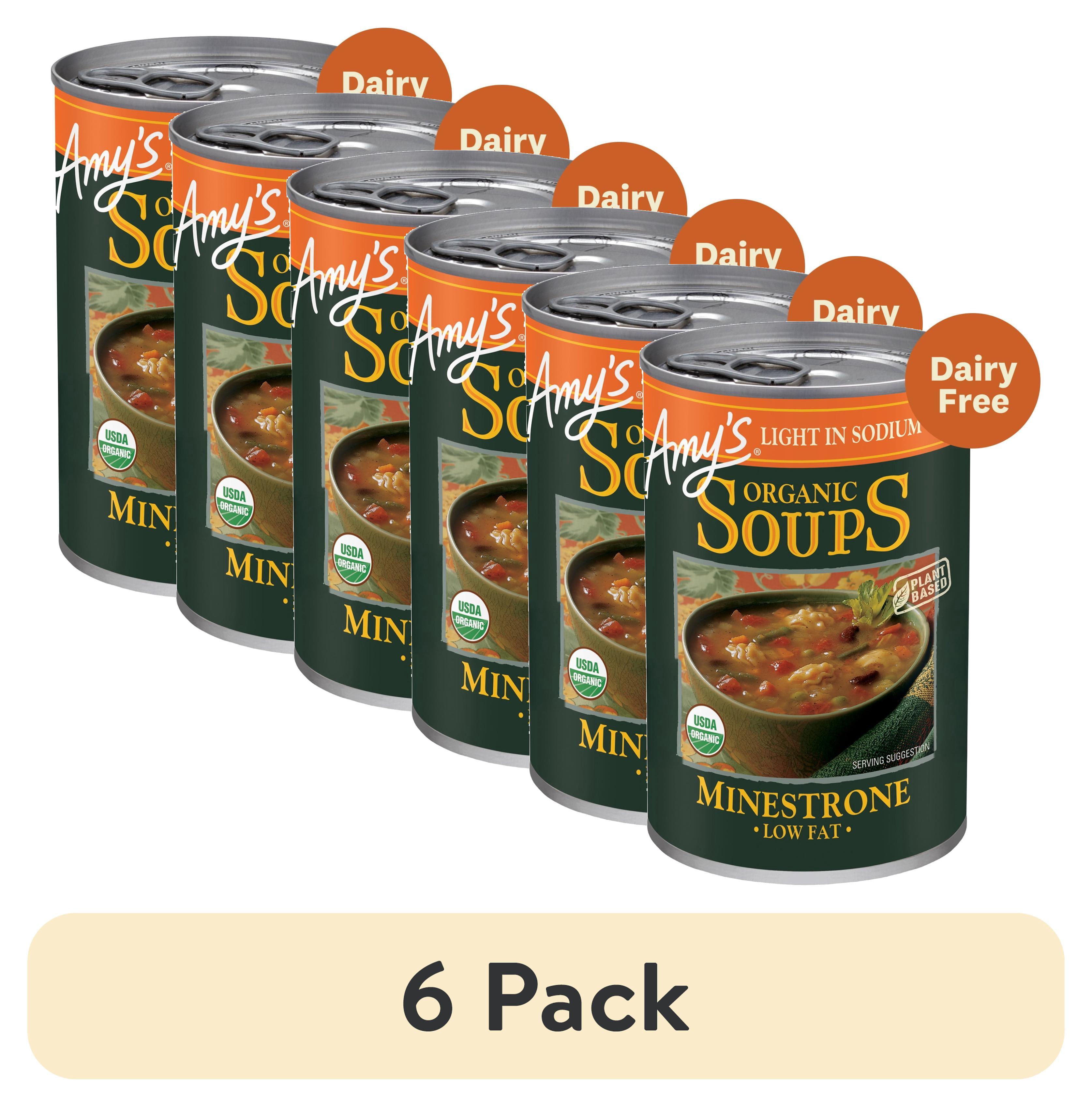 (6 pack) Amy’s Soup, Organic Light in Sodium Minestrone Soup, Made With Organic Vegetables, Canned Soup, 14.1 Oz