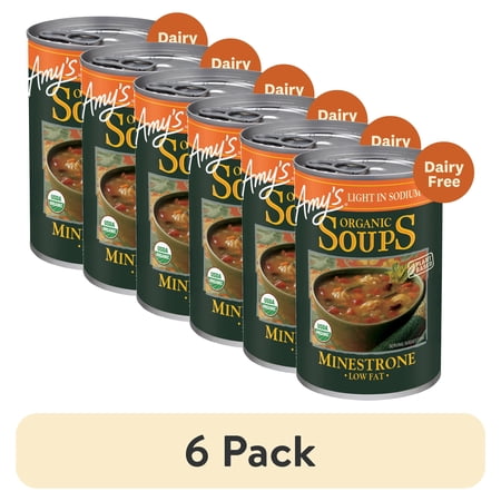 (6 pack) Amy’s Soup, Organic Light in Sodium Minestrone Soup, Made With Organic Vegetables, Canned Soup, 14.1 Oz
