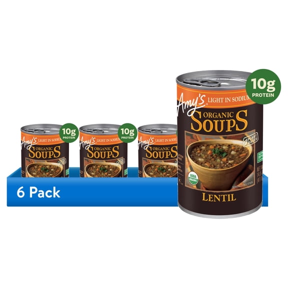 (6 pack) Amys Soup, Organic Light in Sodium Lentil Soup, Made With Organic Lentils, Canned Soup, 14.5 Oz