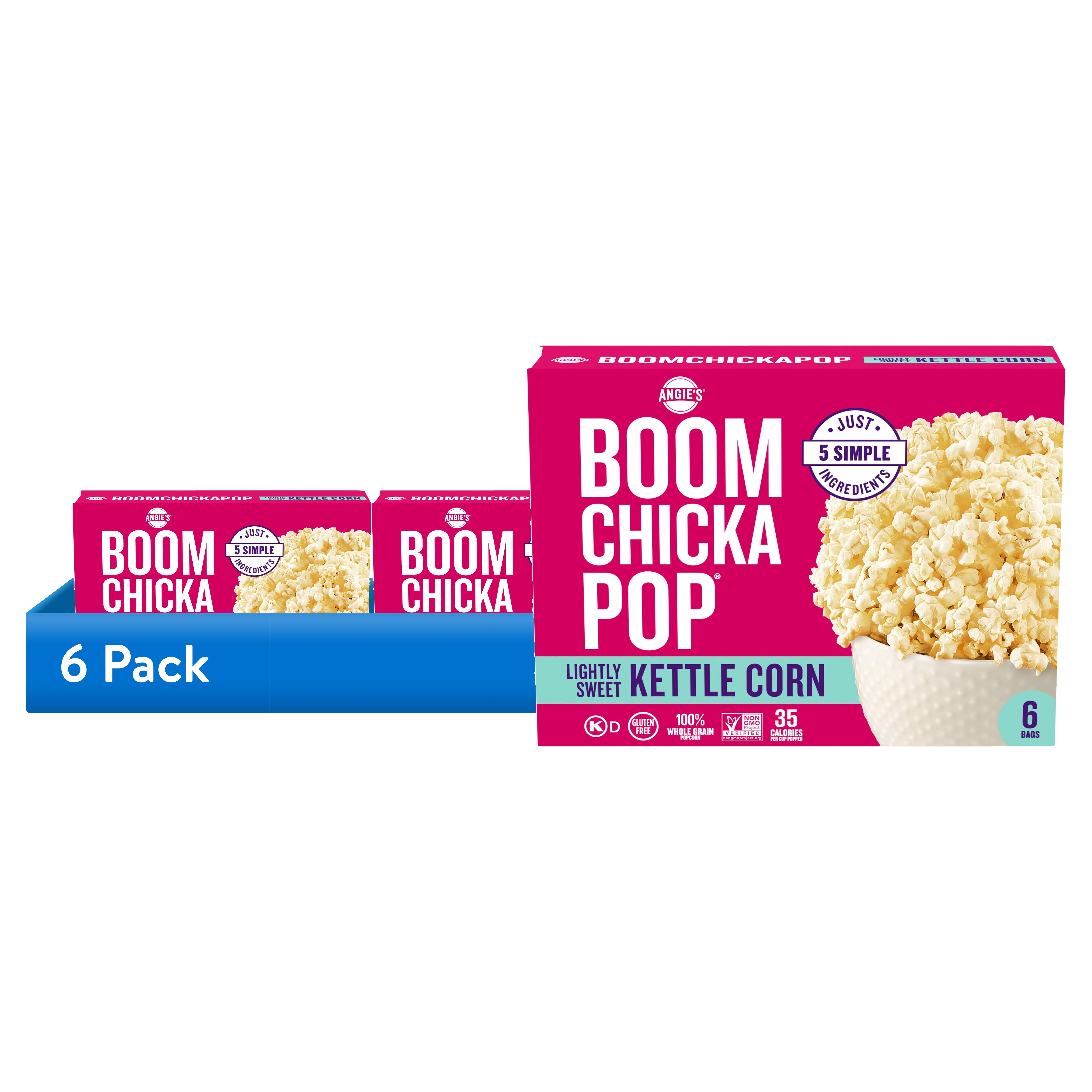 (6 pack) Angie's BOOMCHICKAPOP Lightly Sweet Kettle Corn Microwave Popcorn, 6 Count, 3.29 oz. bags
