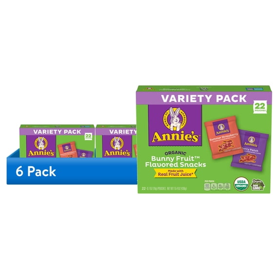 (6 pack) Annie's Organic Bunny Fruit Snacks, Variety Pack, Gluten Free Snack, 22 Count, 15.4 oz