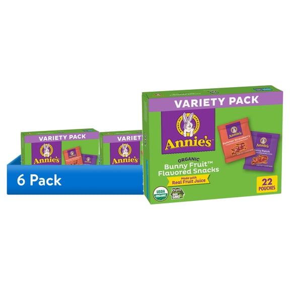(6 pack) Annie's Organic Bunny Fruit Snacks, Variety Pack, Gluten Free Snack, 22 Count, 15.4 oz