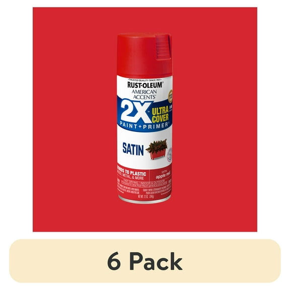 (6 pack) Apple Red, Rust-Oleum American Accents 2X Ultra Cover Satin Spray Paint-327938, 12 oz
