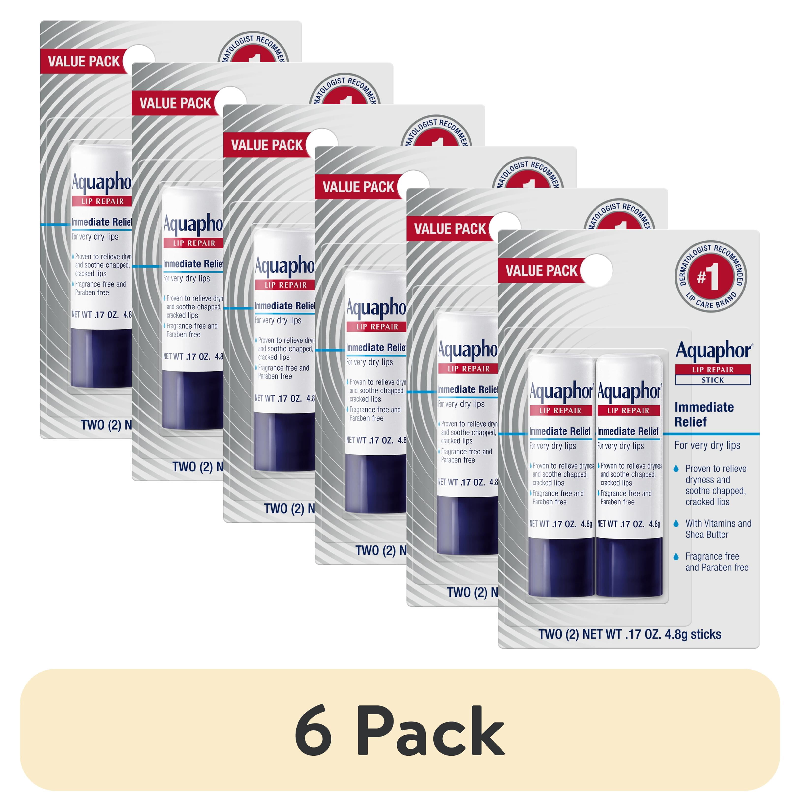(6 pack) Aquaphor Lip Repair Balm Stick for Dry Chapped Lips with Shea Butter, 0.17 oz, 2 Pack