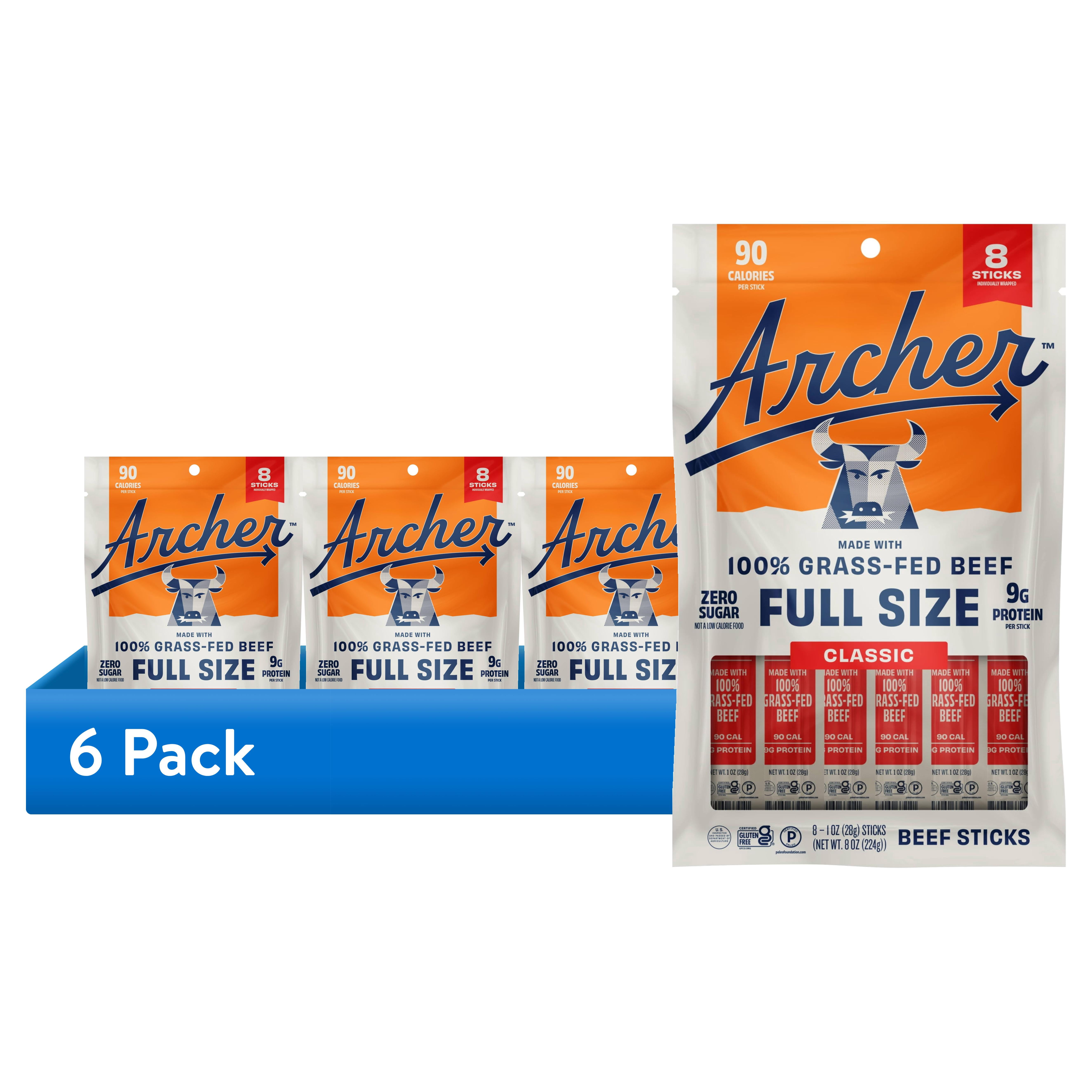 (6 pack) Archer Classic Beef Jerky Sticks, 9g Protein, 100% Grass-Fed, Zero Sugar, 1 oz, 8 Count