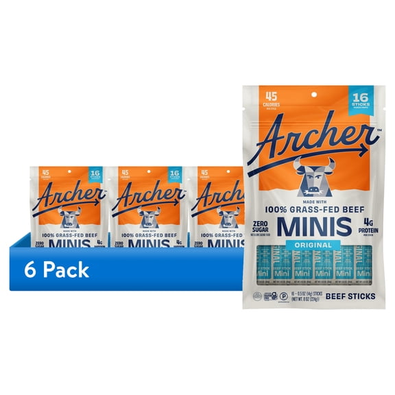 (6 pack) Archer Original Beef Mini Jerky Sticks, 4g Protein, Zero Sugar, 0.5 oz, 16 Count