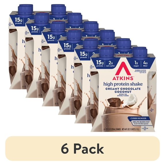 (6 pack) Atkins Creamy Chocolate Coconut Protein Shake, High Protein, Low Carb, 4 Count