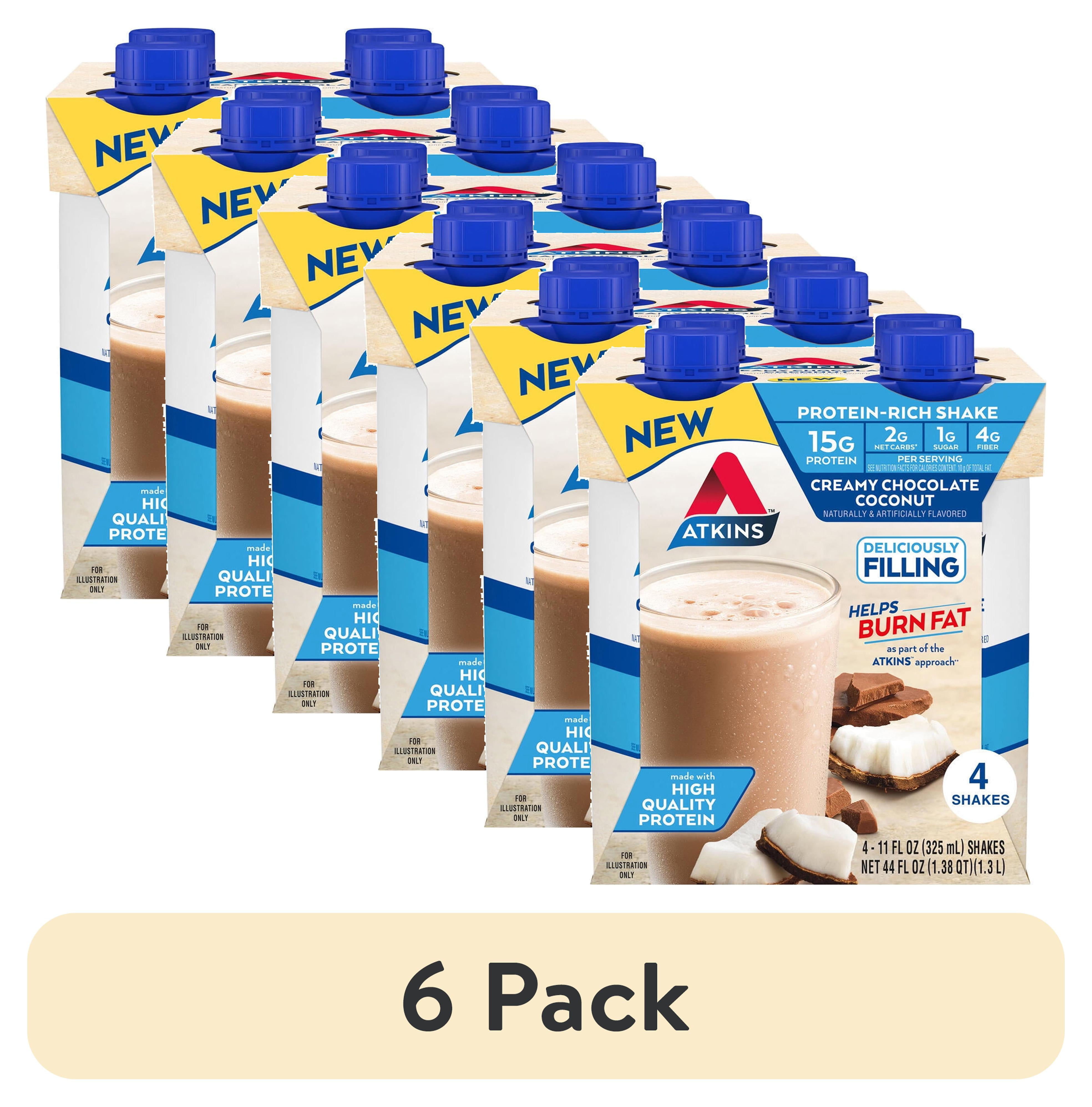(6 pack) Atkins Creamy Chocolate Coconut Protein Shake, High Protein, Low Carb, 4 Count
