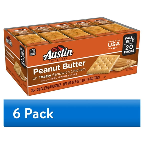 (6 pack) Austin Peanut Butter On Toasty Sandwich Crackers, Lunch Snacks, 20 Count