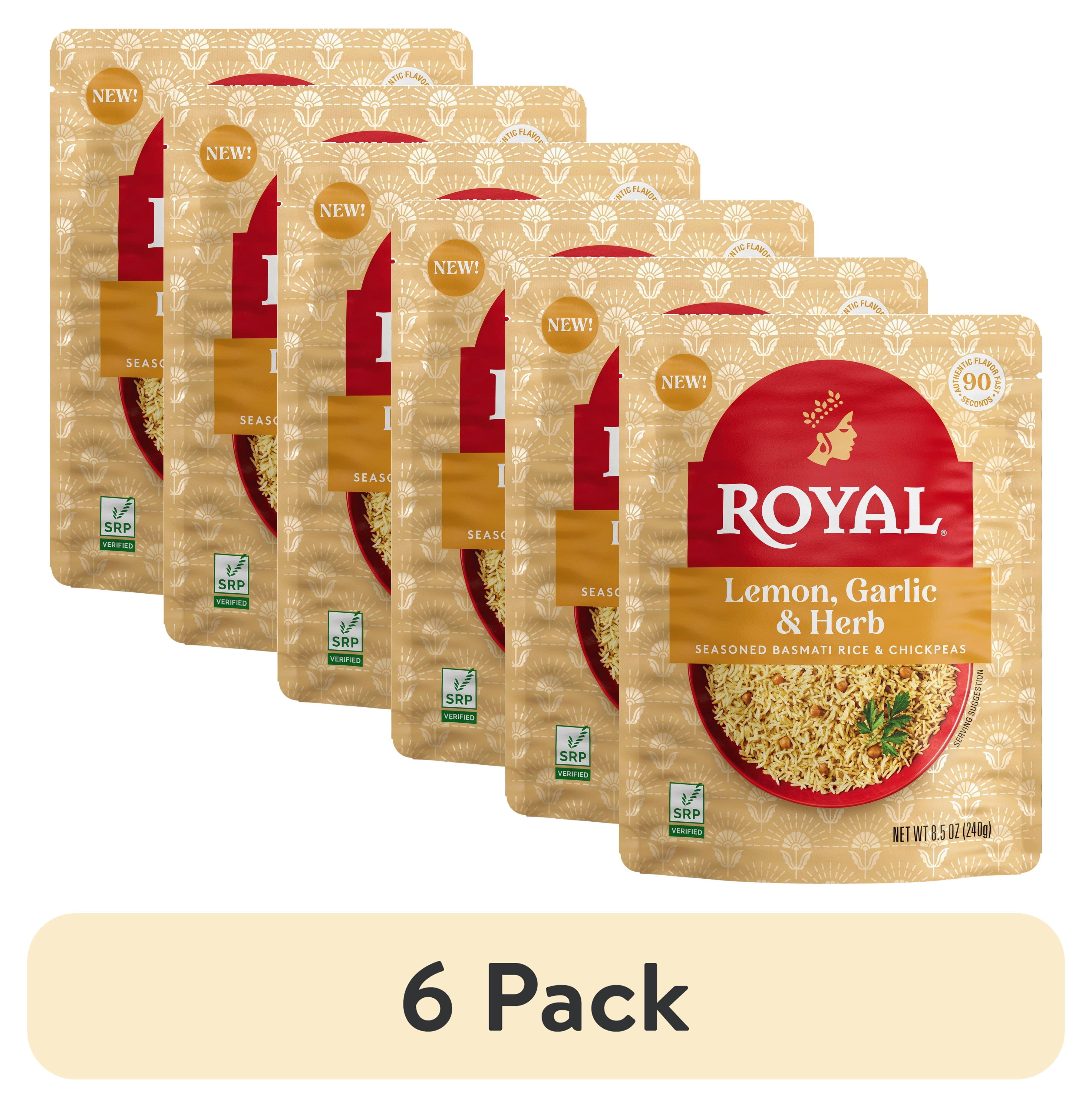 (6 pack) Authentic Royal Ready-to-Heat Lemon Garlic Herb Long Grain Basmati Rice, 8.5 oz Microwavable Pouch