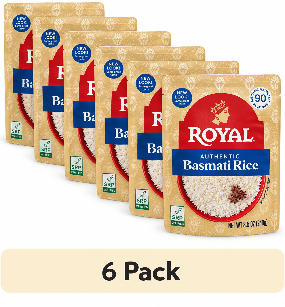 (6 pack) Authentic Royal Ready-to-Heat Long Grain White Basmati Rice, 8.5 oz