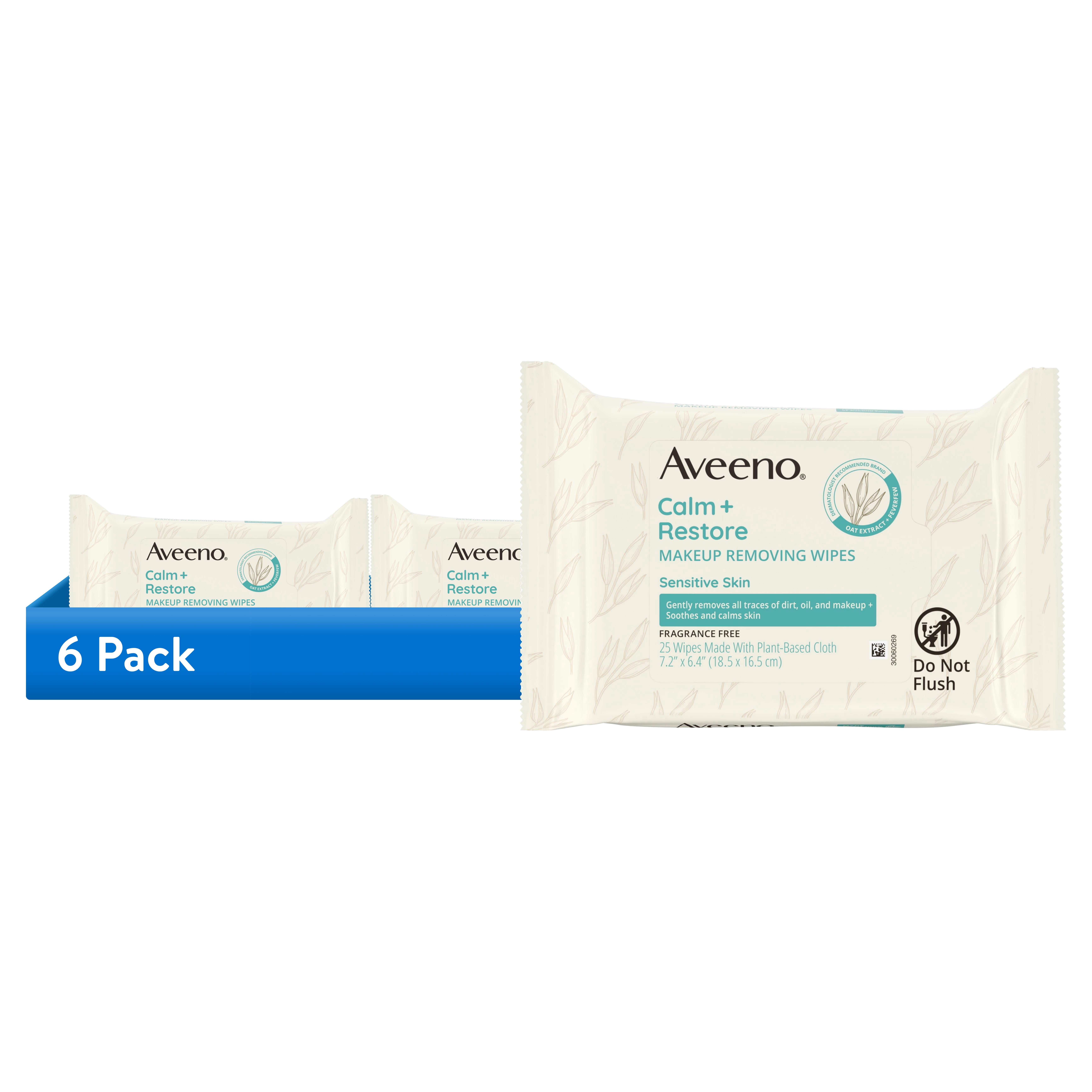 (6 pack) Aveeno Calm + Restore Unscented Face Wipes, 25 Count
