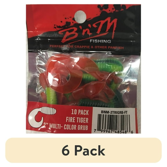 (6 pack) B'n'M 2" Grub Lure, Fire Tiger & Multi-Color, 10 Count