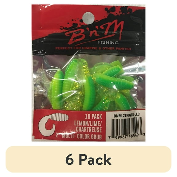 (6 pack) B'n'M 2" Grub Lure, Lemon, Lime, & Chartreuse, 10 Count