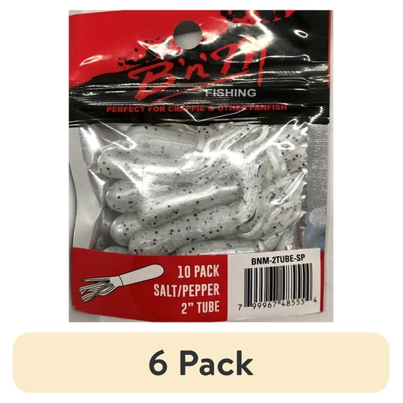 (6 pack) B'n'M Pole Company 2" Tube Bait, Salt & Pepper Fishing Lures for Crappie, Panfish, 10 Count