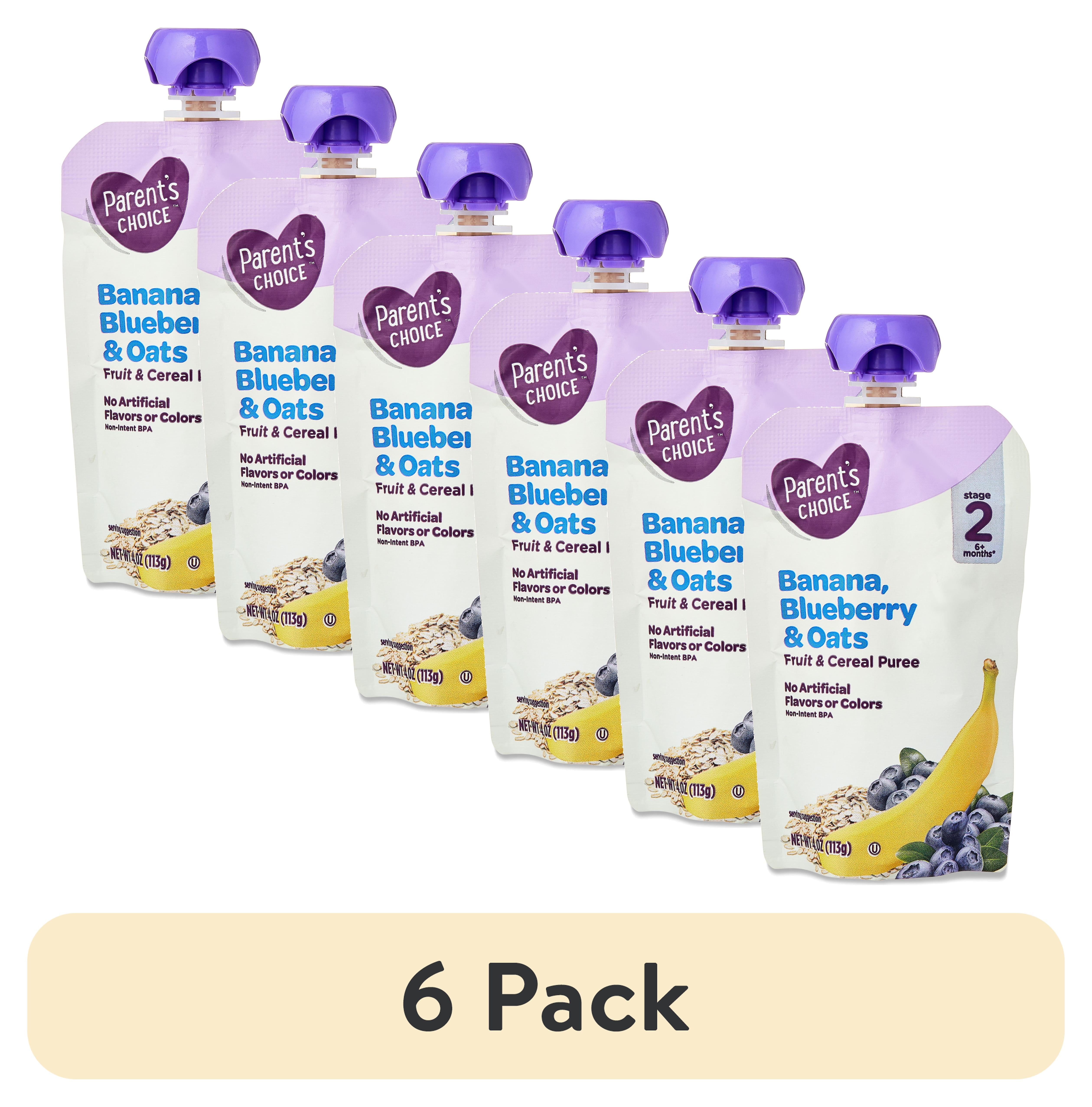 (6 pack) Parent's Choice Stage 2, Banana Blueberry Oats, 4 oz Pouch
