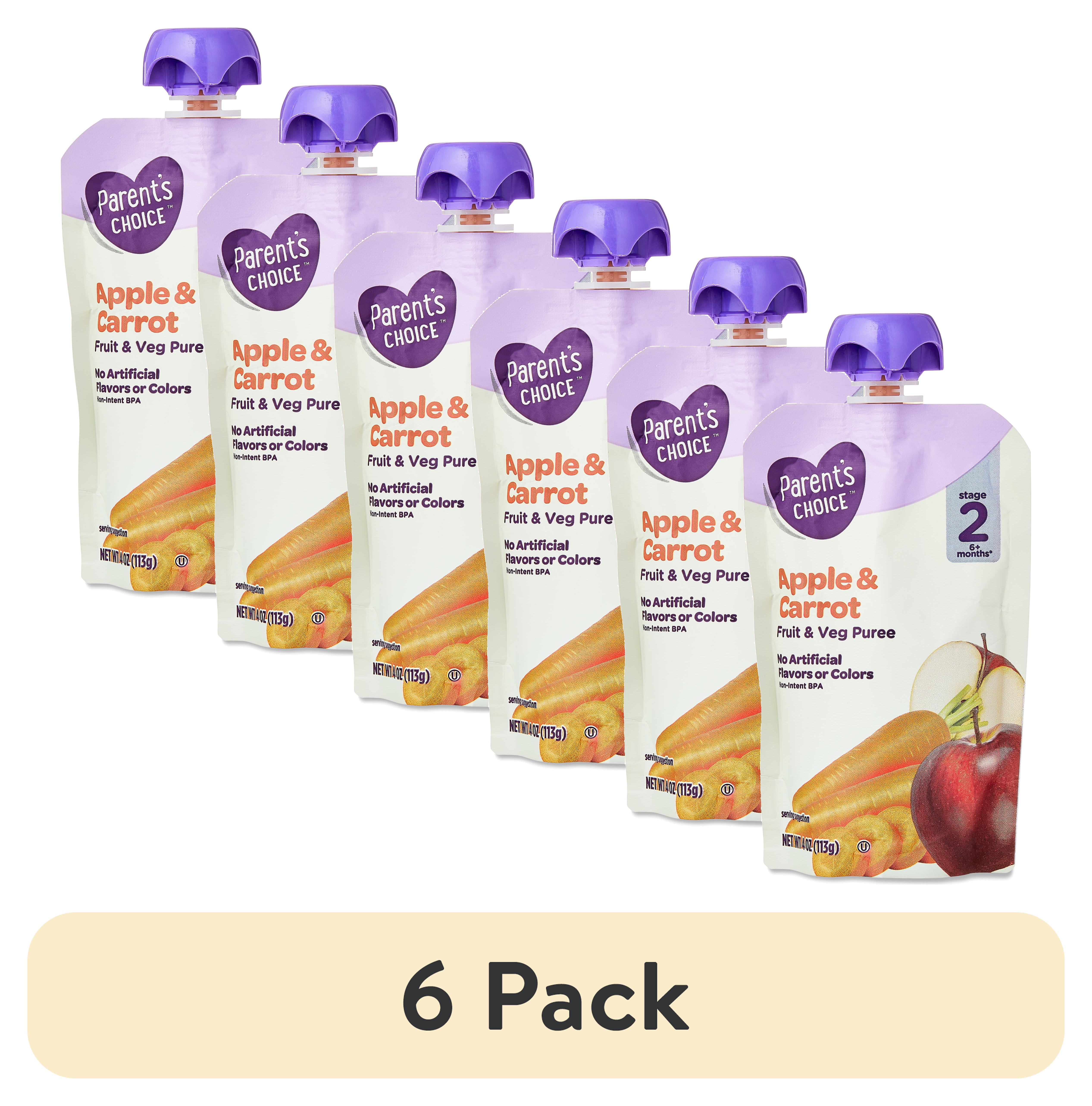 (6 pack) Parent's Choice Stage 2 Baby Food Apple and Carrot Puree, 4 oz Pouch