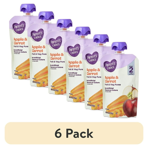 (6 pack) Parent's Choice Stage 2 Baby Food Apple and Carrot Puree, 4 oz Pouch