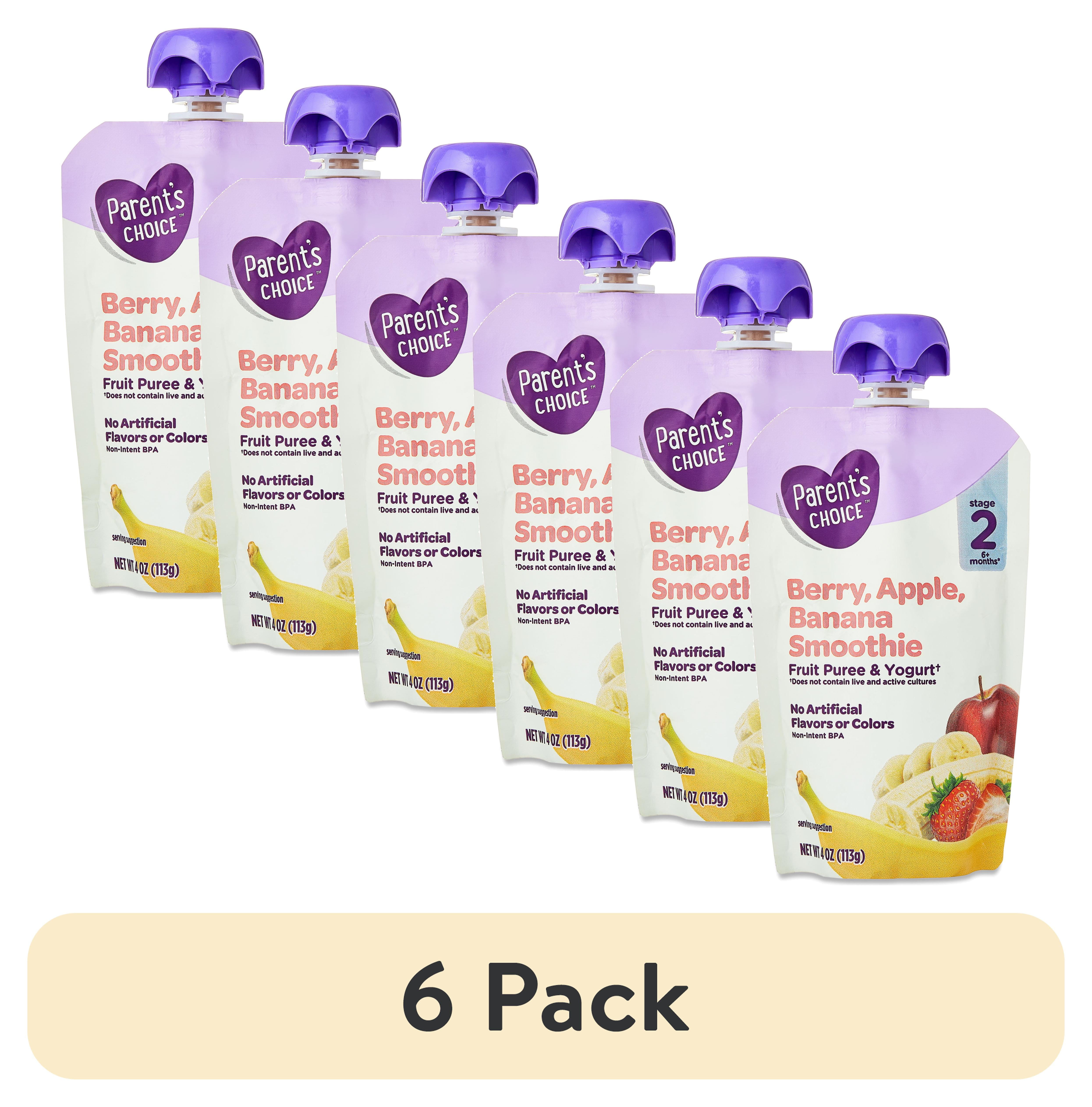 (6 pack) Parent's Choice Stage 2 Baby Food Berry, Apple, Banana Smoothie Fruit Puree and Yogurt, 4 oz Pouch