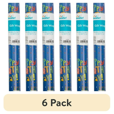 (6 pack) Multicolor Happy Birthday Gift Wrap Paper, 12.5 sq ft, by Way To Celebrate
