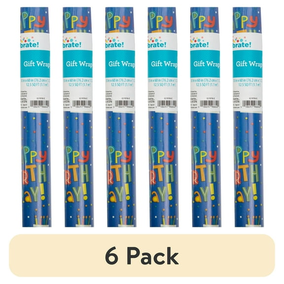 (6 pack) Multicolor Happy Birthday Gift Wrap Paper, 12.5 sq ft, by Way To Celebrate